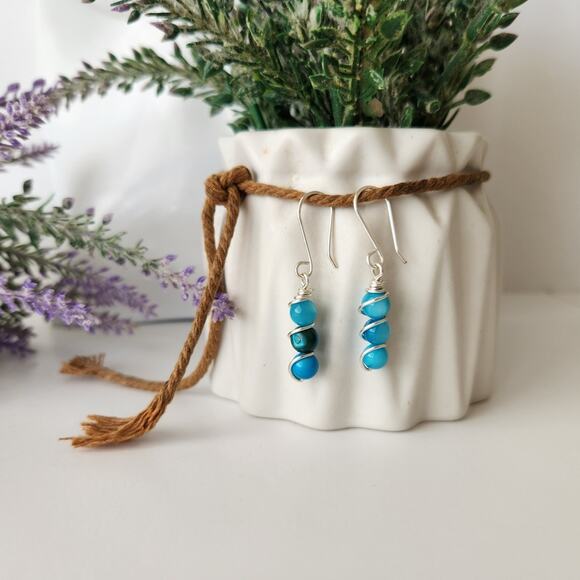 Turquoise Seashell Beads Dangle Earrings, Silver Wire Wrapped Dainty Earrings - Picture 5 of 6